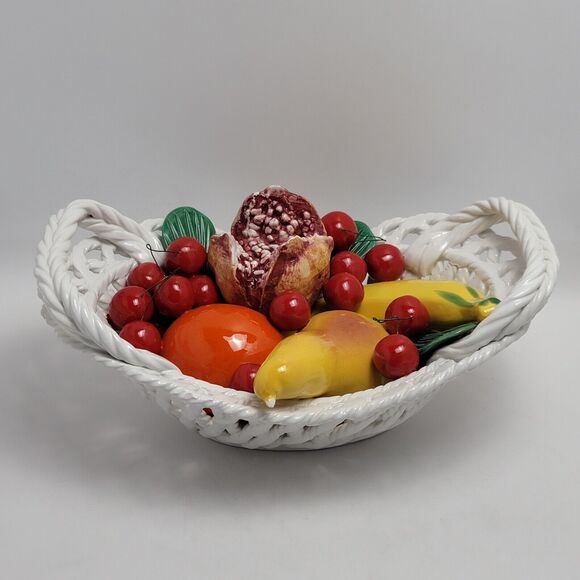 Capodimonte Ceramic Woven Basket Fruit Bowl Centerpiece Hand Painted Italy - Picture 1 of 15